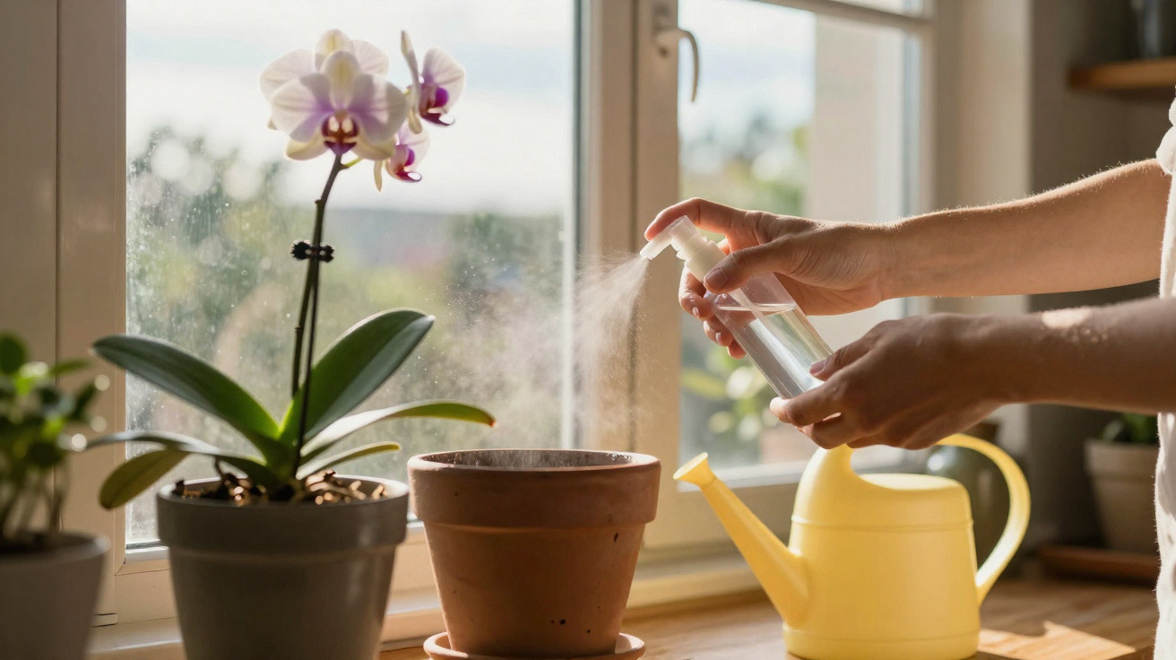 Person spraying water mist on a terracotta pot beside a blooming orchid on a windowsill.
