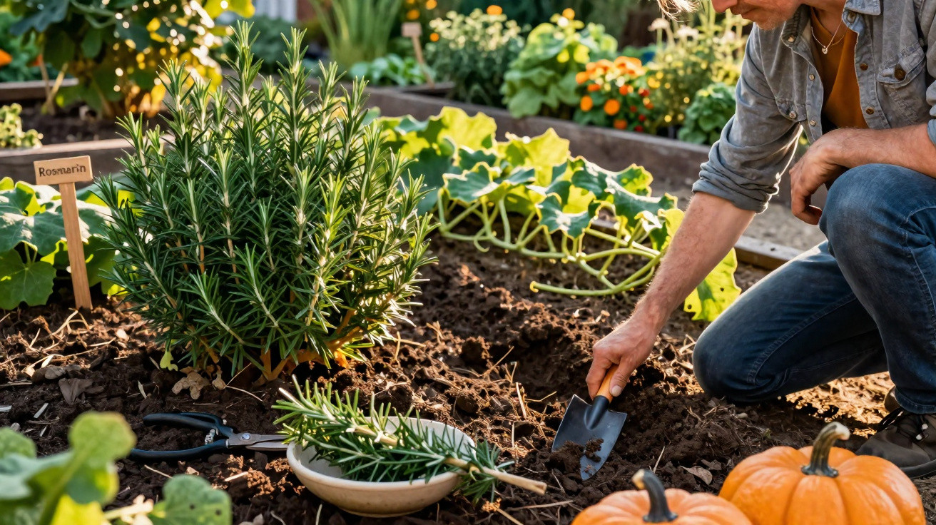 Person gardening with a trowel near rosemary plant and pumpkins in a sunny garden bed.