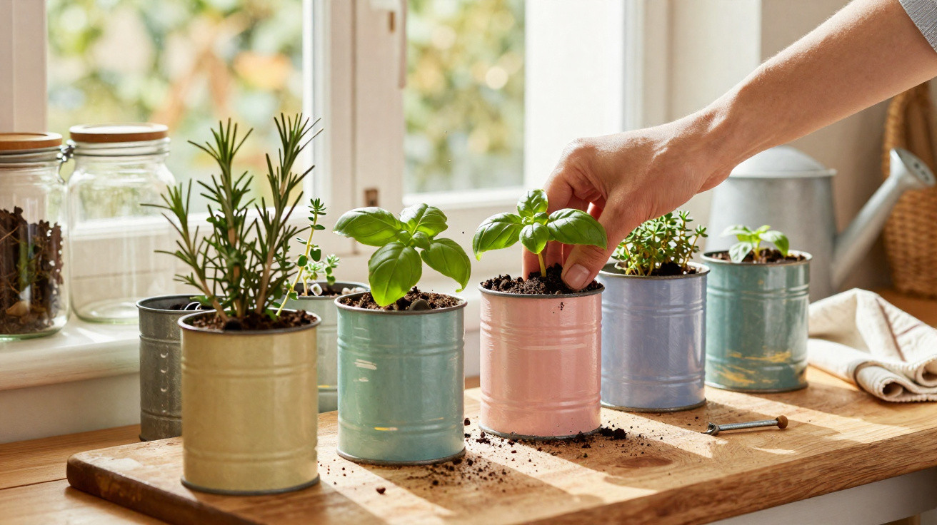 Hand tending to small herb plants growing in pastel-coloured tin cans on a wooden tray by a window.