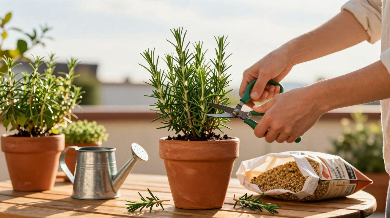 Hands pruning a rosemary plant in a terracotta pot on a wooden table with gardening tools and seeds.