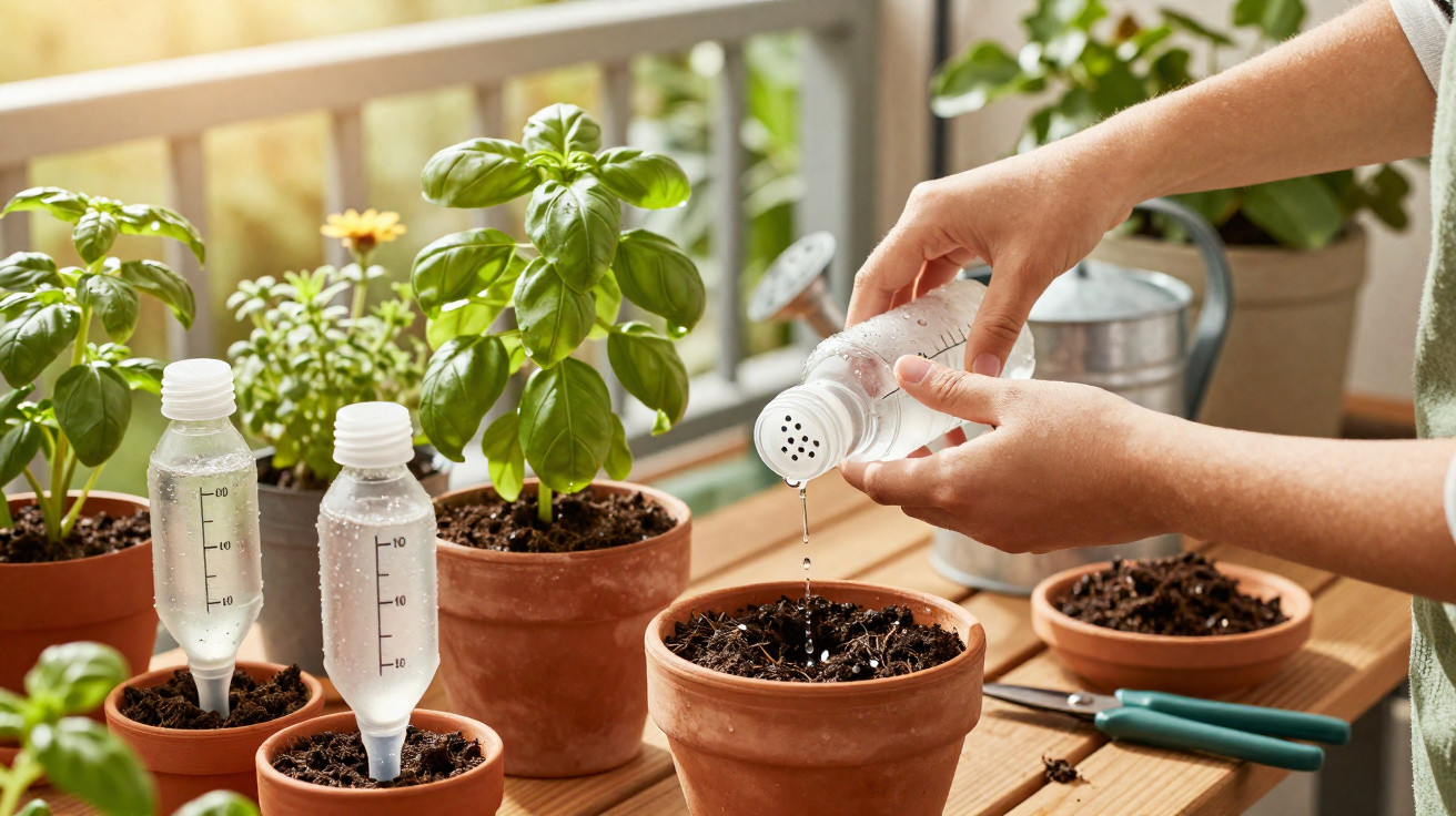 Hands watering potted plants on a wooden table with plastic self-watering spikes and gardening tools nearby.
