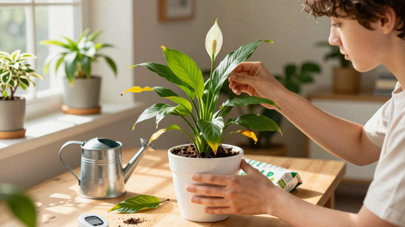 Young person tending to a potted peace lily plant on a wooden table near a window with natural light.