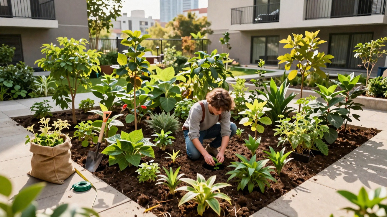 Person planting young plants in a communal garden surrounded by apartment buildings on a sunny day.