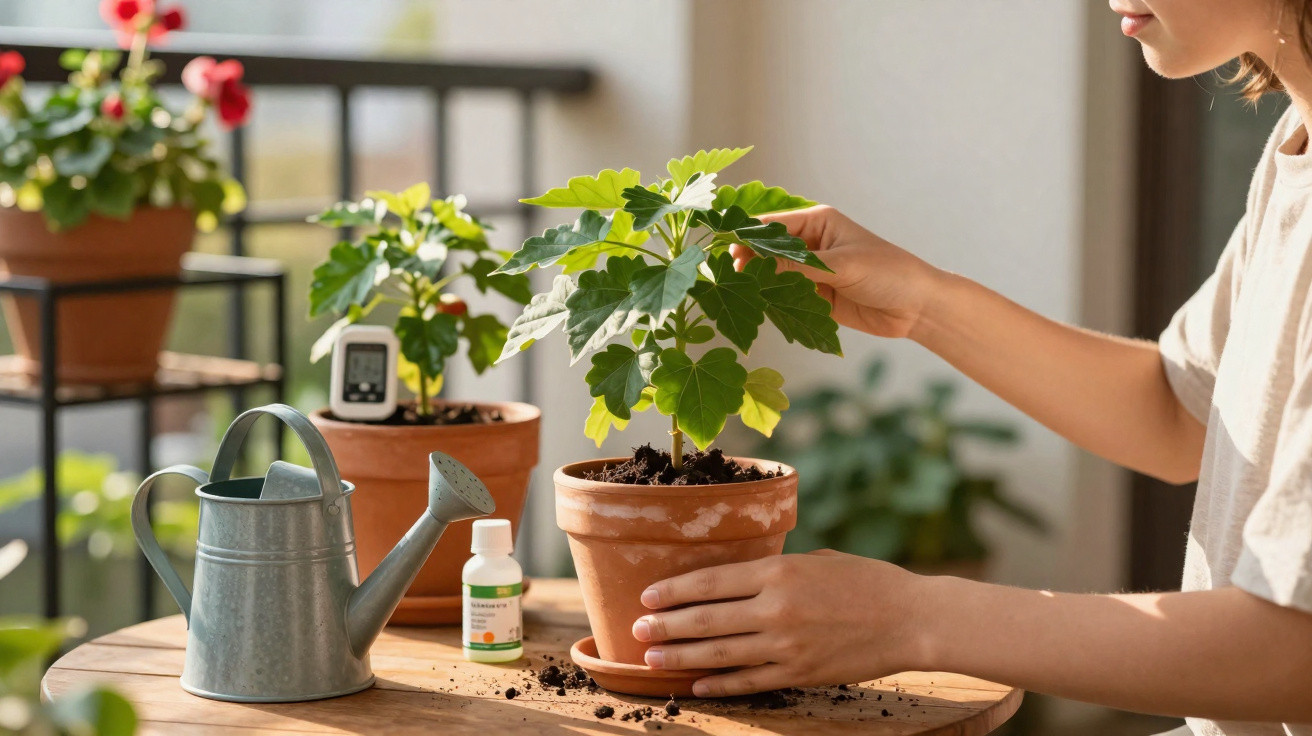 Person tending to a potted plant on a table with watering can and plant care bottle nearby.