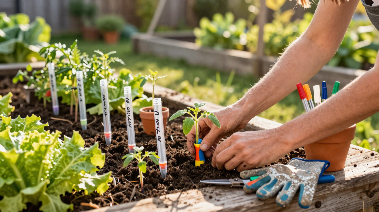 Hands planting seedlings in a raised garden bed with labelled test tube markers and gardening tools nearby.