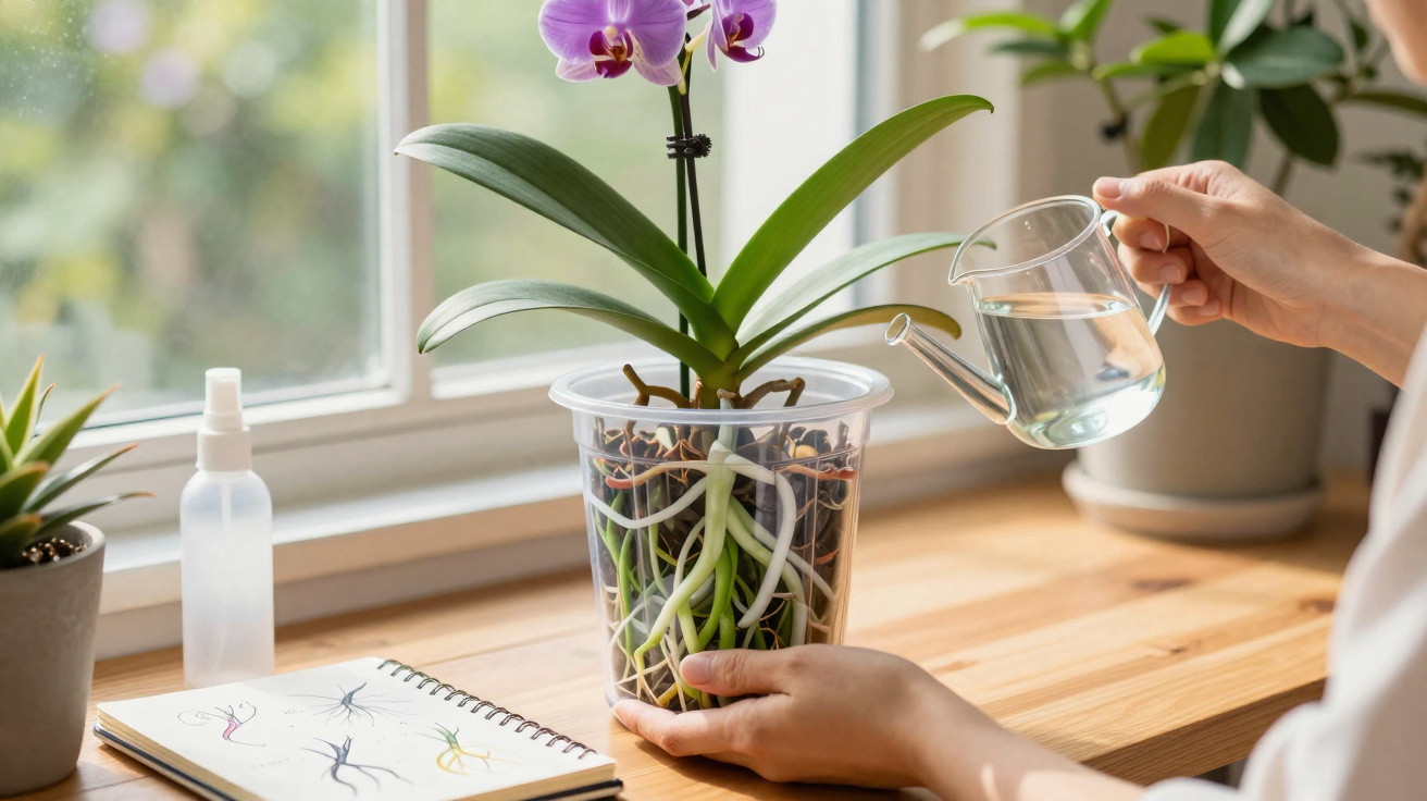 Person watering a healthy orchid plant in a transparent pot by a window on a wooden table.