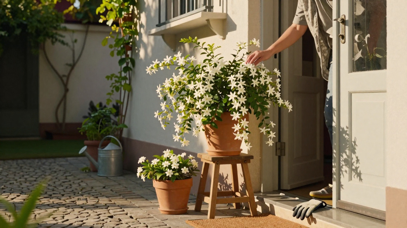 Person tending to white flowering plants in terracotta pots on a sunlit patio outside a house door.