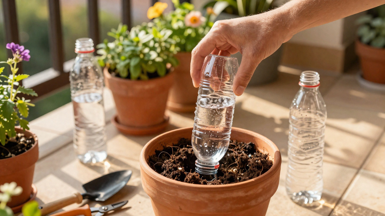 Hand placing a plastic bottle upside down in soil in a terracotta pot on a balcony with other potted plants.