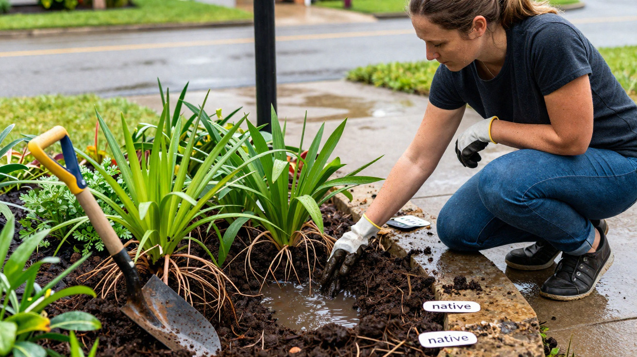 Woman planting native plants in a garden bed, with a spade and labelled plant markers nearby.