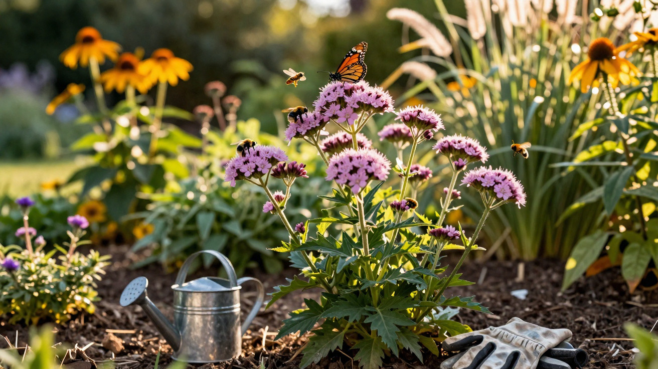 Pink flowers with bees and a butterfly, a watering can, and gardening gloves in a sunlit garden bed.