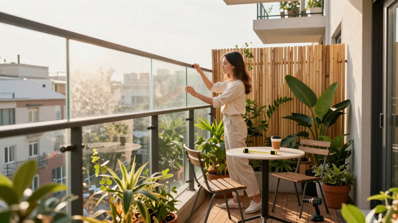 Woman standing on a balcony surrounded by potted plants, looking through a glass railing at a sunny cityscape.