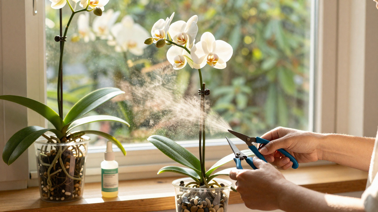 Hands pruning a white orchid plant by a sunny window with a mist of water sprayed on the leaves.