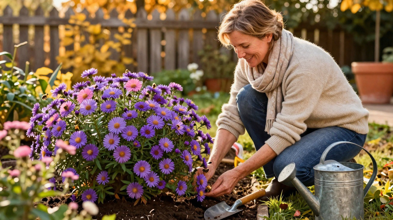 Woman gardening and tending to purple flowers in a sunny garden with watering can and trowel nearby.