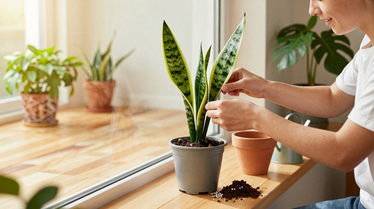 Person tending to a snake plant on a wooden windowsill with pots and soil nearby.