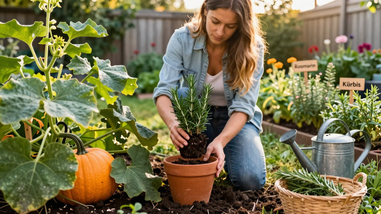 Woman planting rosemary in a pot in a garden with a pumpkin and watering can nearby at sunset.