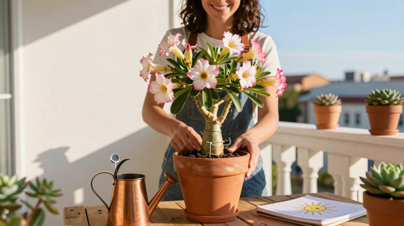 Smiling woman tending to a flowering desert rose plant on a balcony table with watering can and sketchbook nearby.