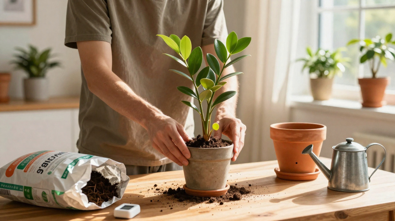 Person repotting a green plant indoors with soil, a watering can, and empty pots on a wooden table.
