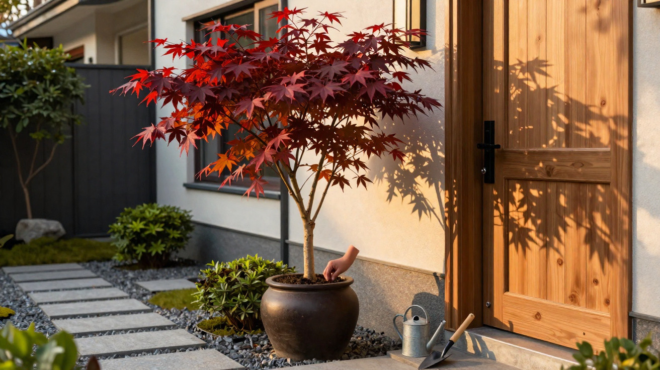 Potted Japanese maple tree with red leaves by a wooden door, gardening tools and a watering can on stone path.
