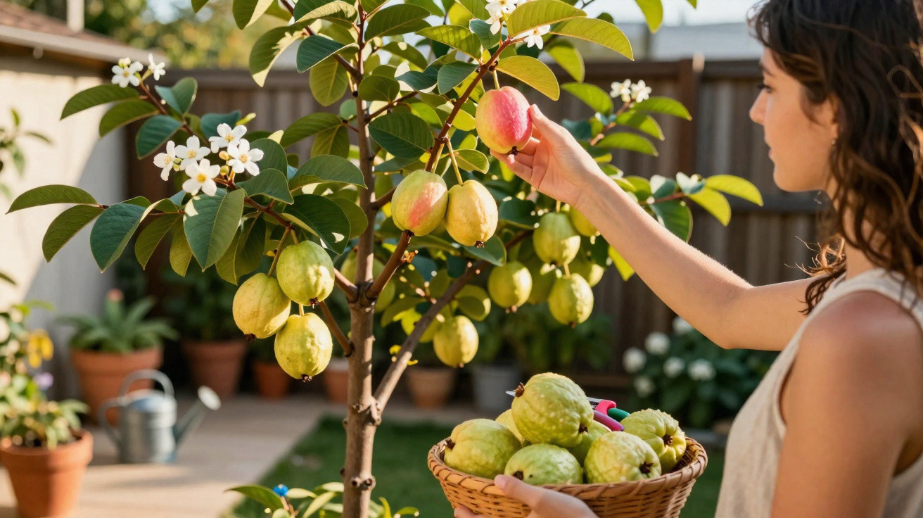Woman picking ripe guavas from a tree in a sunny garden, holding a basket full of fruit.
