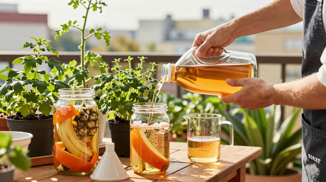 Person pouring liquid into jar with fruit slices on wooden table surrounded by potted plants.