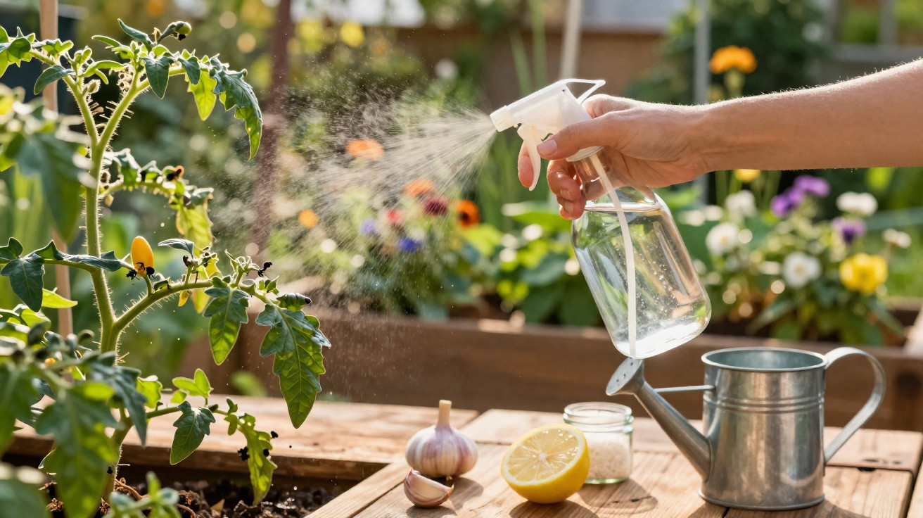 Hand spraying plants with water in a garden, lemon, garlic, and watering can on wooden table nearby.
