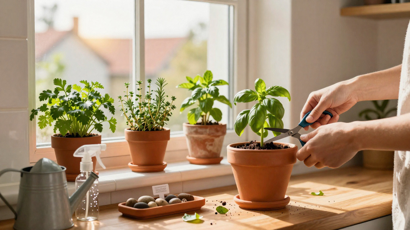 Hands trimming a basil plant in a terracotta pot on a sunny windowsill with other herb pots nearby.