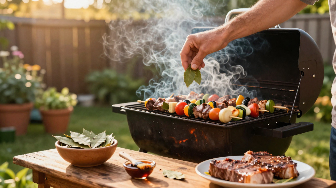 Person seasoning vegetable and meat skewers on a smoking barbecue grill in a backyard garden.