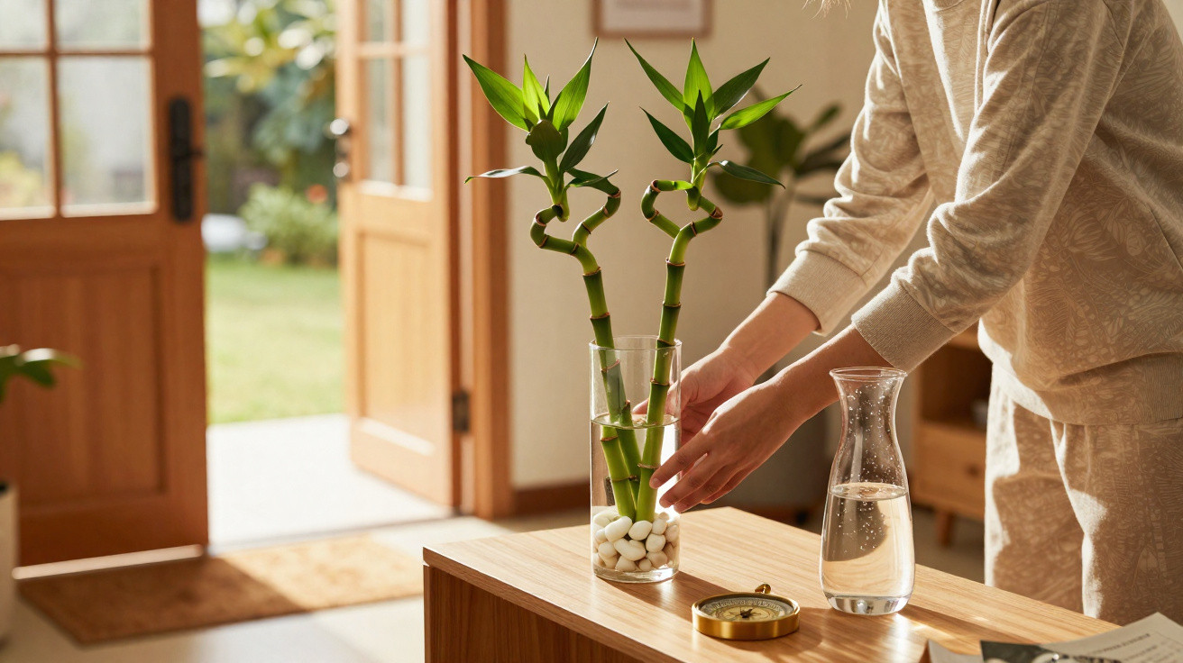 Person arranging lucky bamboo stems in a glass vase on a wooden table in a sunlit room.