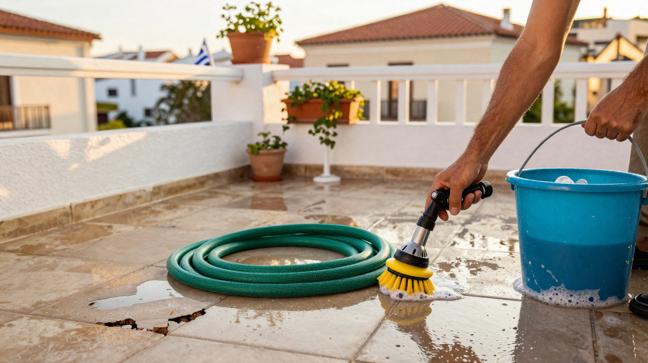Person cleaning outdoor tiled terrace with brush, bucket, and garden hose at sunset.