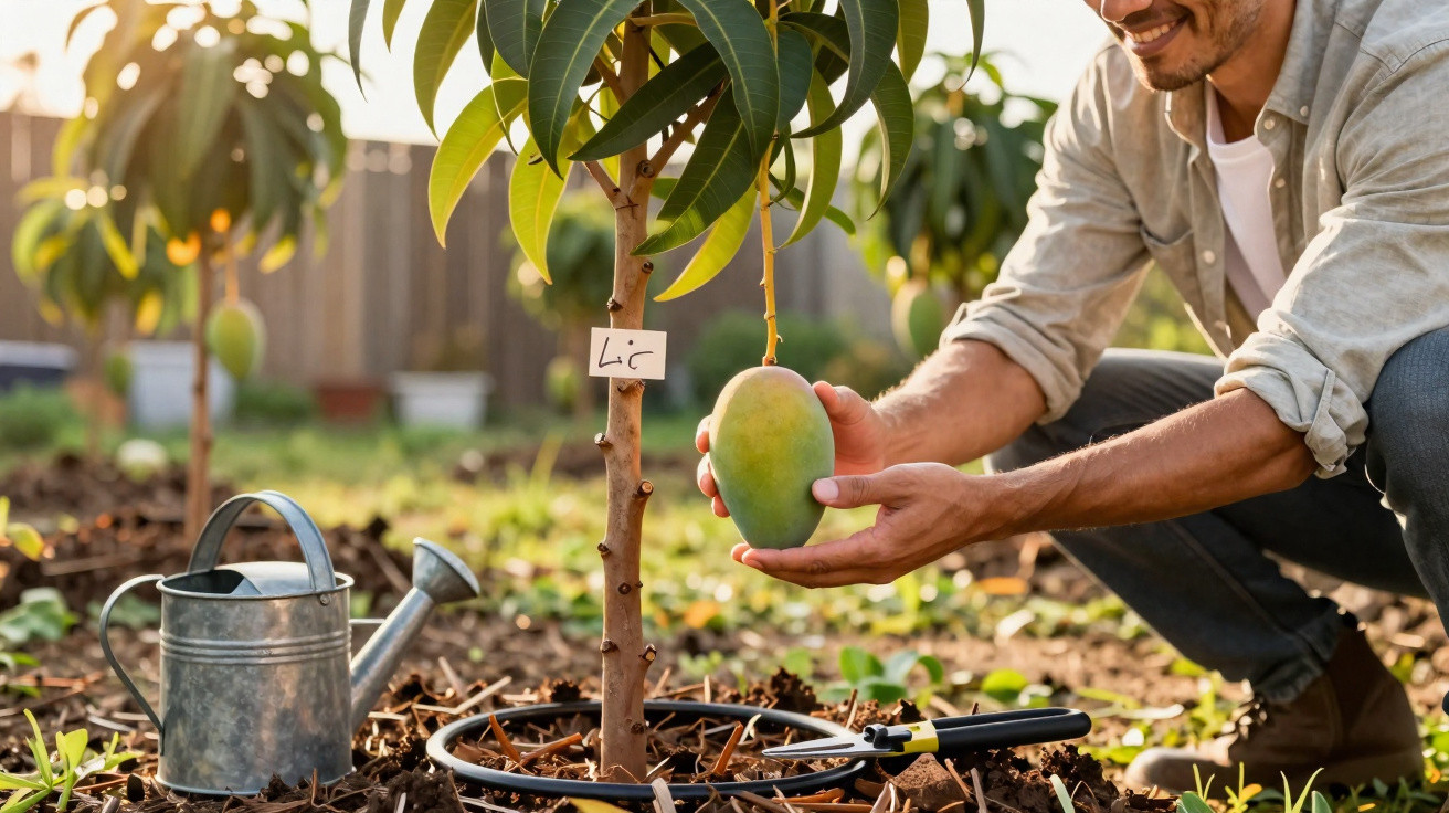Person examining a large mango fruit growing on a small tree in a garden with a watering can nearby.