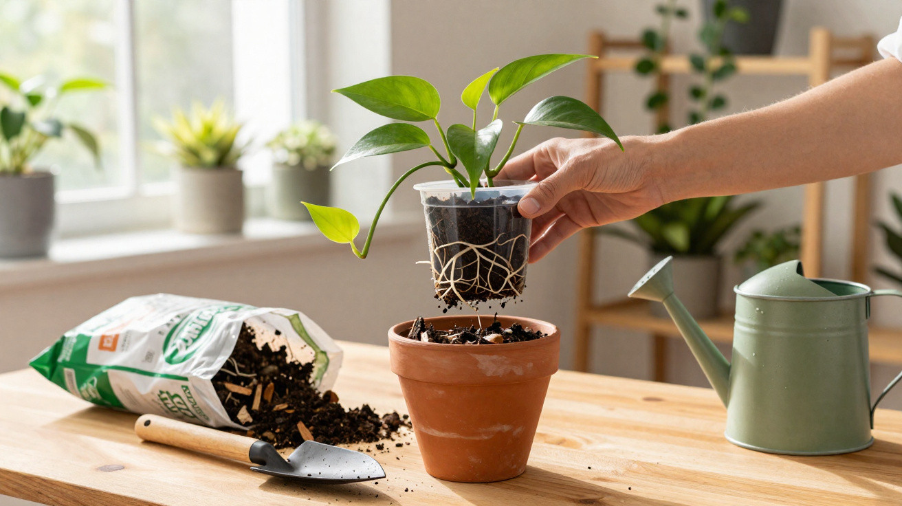 Hand holding a small plant with visible roots above a terracotta pot on a wooden table with soil, a watering can, and gardeni