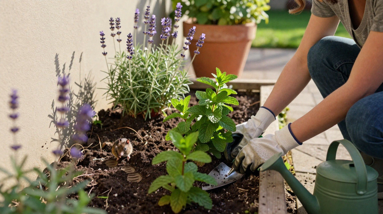 Person planting herbs in garden bed with lavender and watering can nearby on sunny day