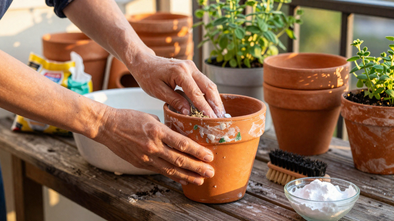 Hands planting seeds in a terracotta pot on a wooden table with gardening supplies and plants nearby.