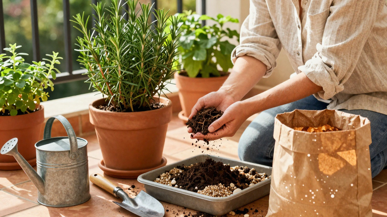 Person adding soil to a tray with pebbles, surrounded by potted plants, watering can, and gardening tools.