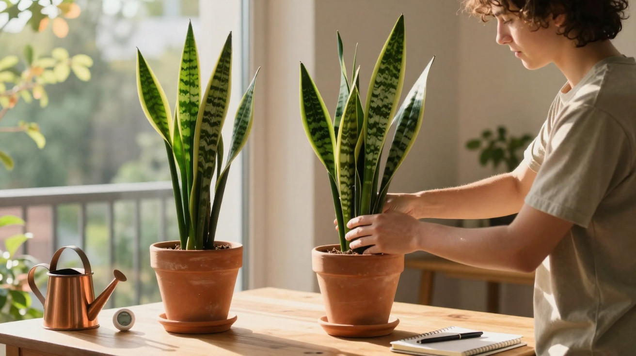Person tending to two snake plants in terracotta pots on a wooden table near a window.