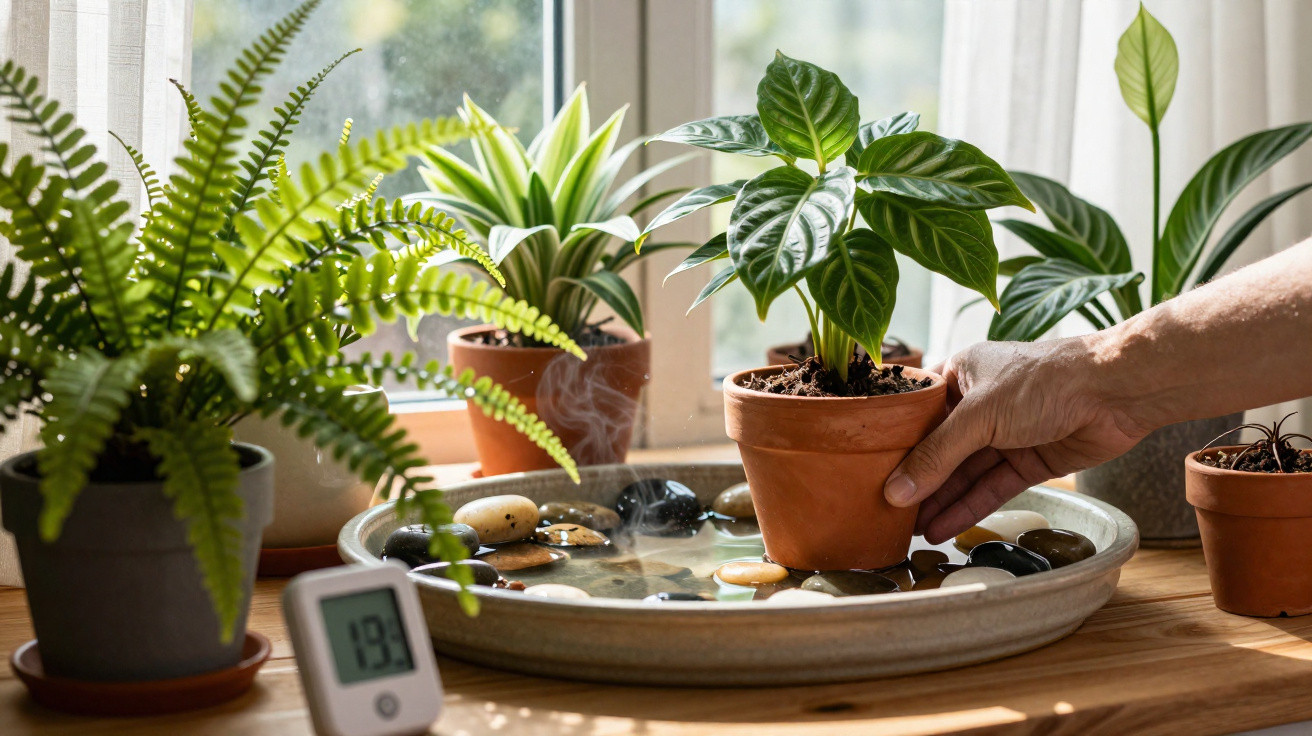 Hand placing a potted green plant on a water-filled tray with stones beside other potted plants on a windowsill.