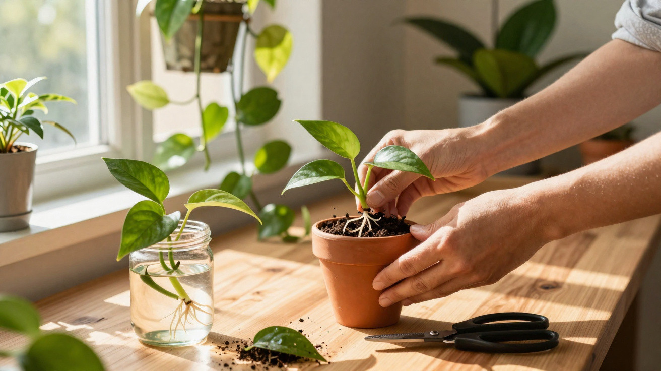 Hands planting a green cutting into a terracotta pot with plants and scissors on a wooden table by a window.