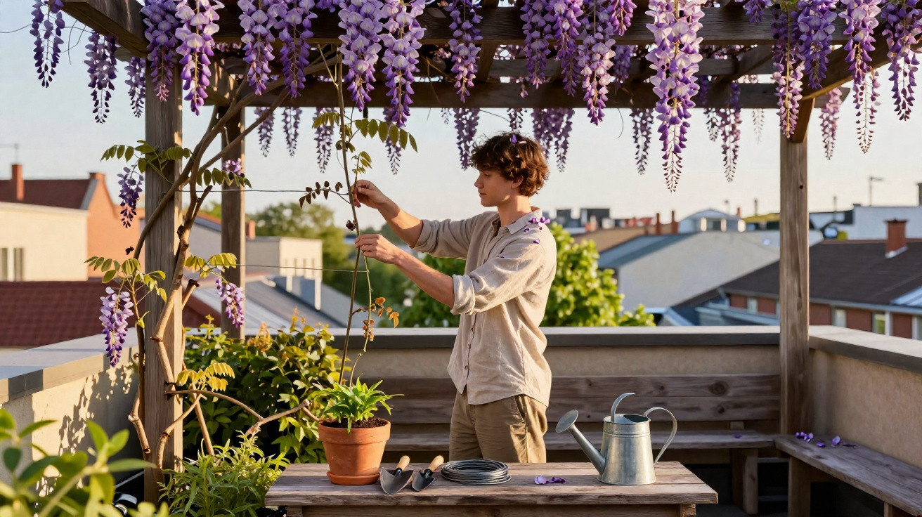 Person tending to potted plants under a wooden pergola adorned with hanging purple wisteria flowers on a rooftop terrace.