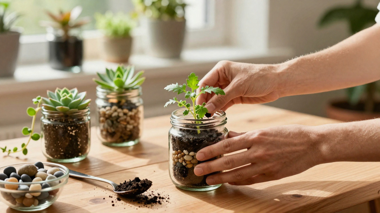 Hands planting a small green seedling in a glass jar with soil and pebbles on a wooden table.