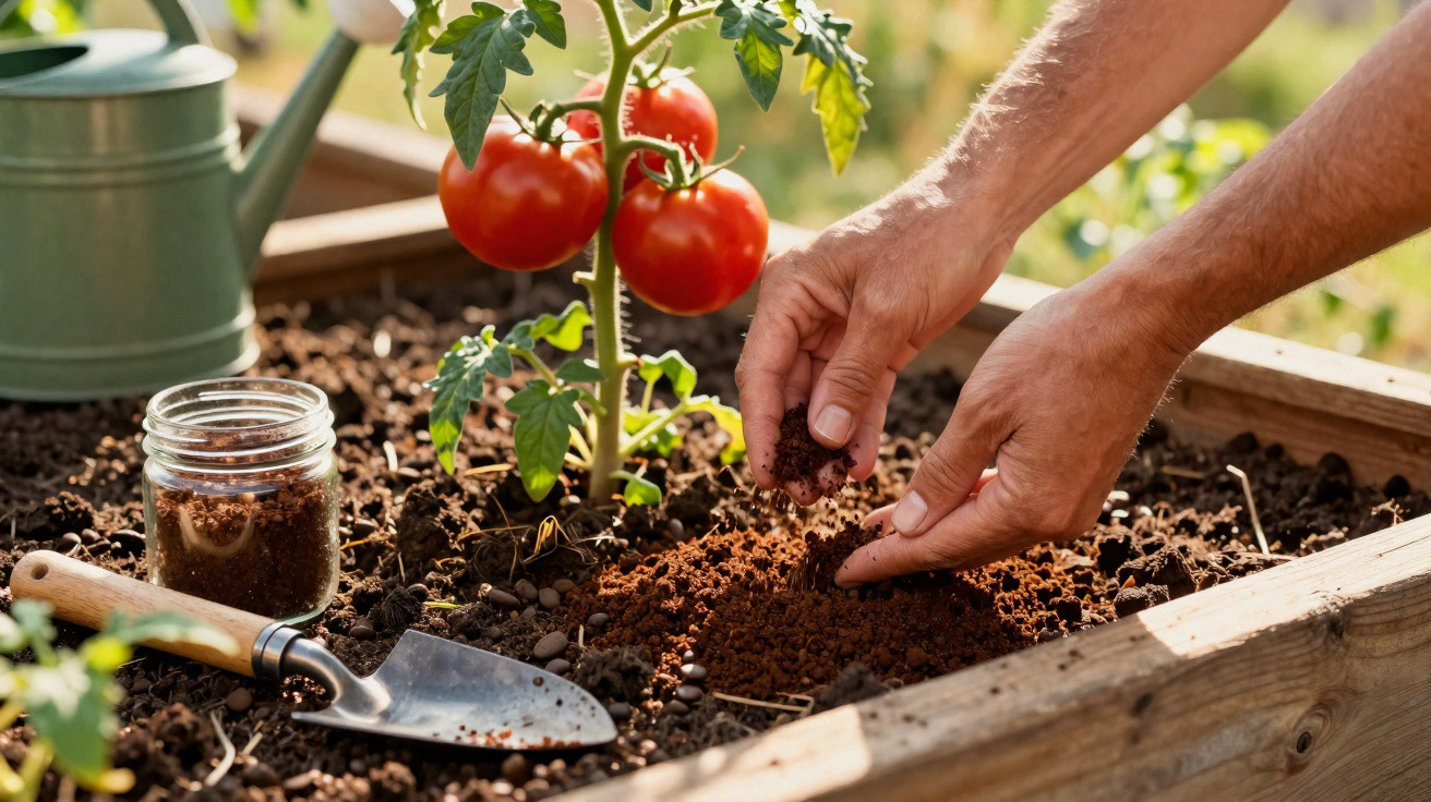 Hands planting soil in a wooden raised bed near a ripe tomato plant with gardening tools nearby.