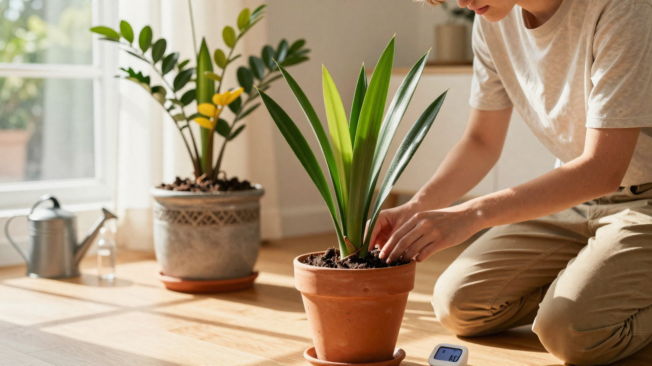 Person tending to a green indoor plant in a terracotta pot on a sunny wooden floor near a window.
