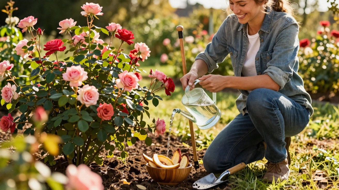 Woman watering a bowl of apple slices on soil beside a blooming rose bush in a sunny garden.
