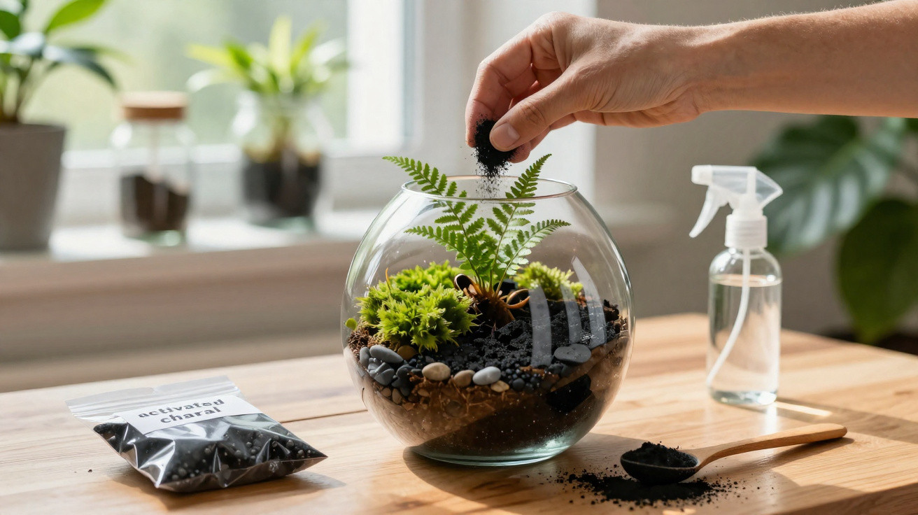 Hand adding activated charcoal to a glass terrarium with plants on a wooden table by a window.