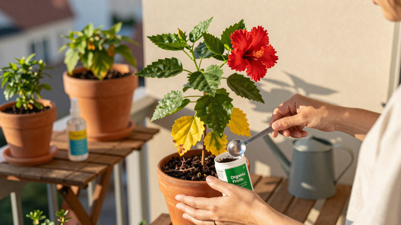 Person adding organic fertilizer to a potted hibiscus plant with red flower on a balcony table.