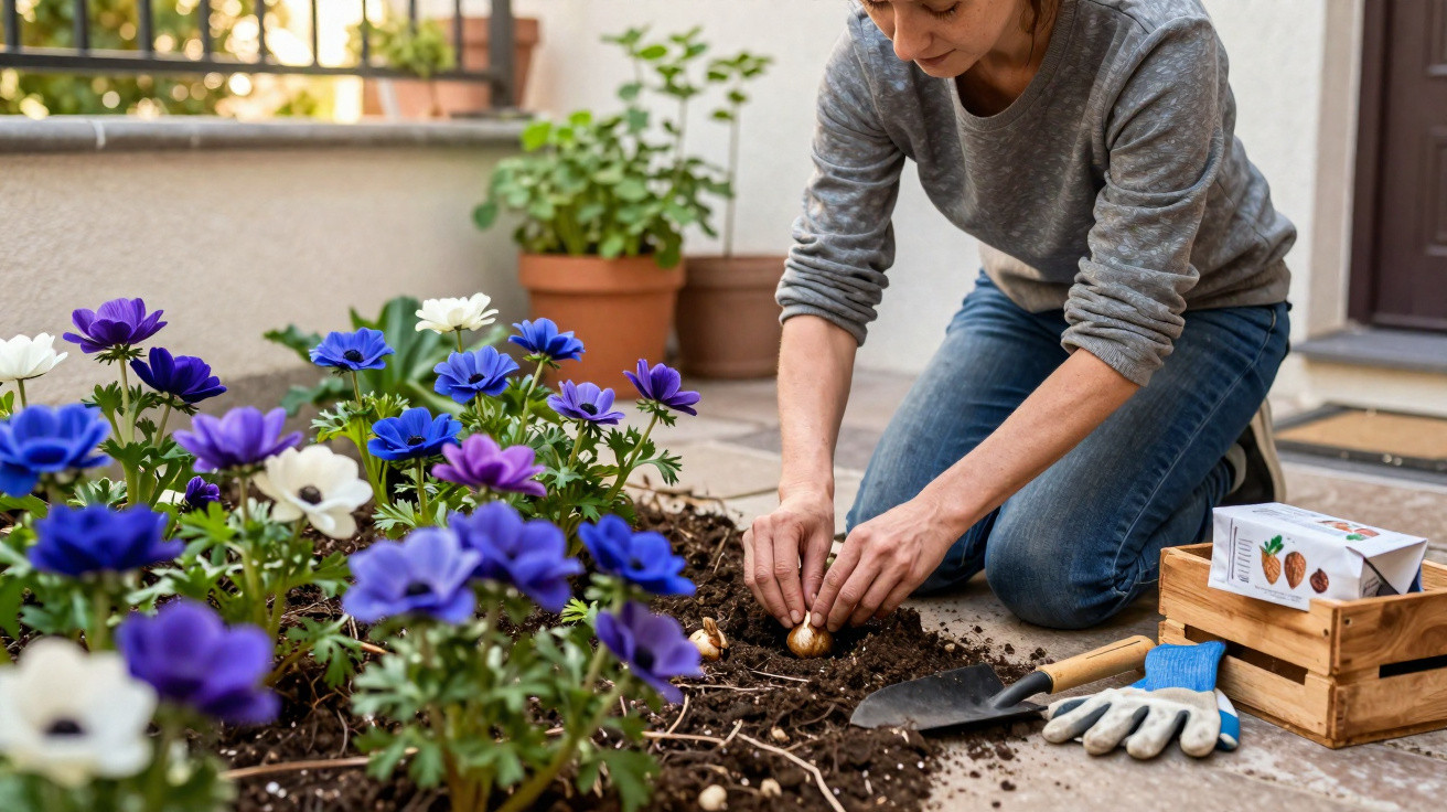 Person planting flower bulbs in garden bed next to purple and white flowers on a patio.