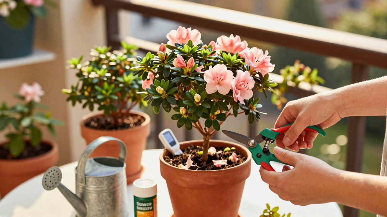 Person pruning a pink azalea plant in a terracotta pot on a sunny balcony table with gardening tools nearby.