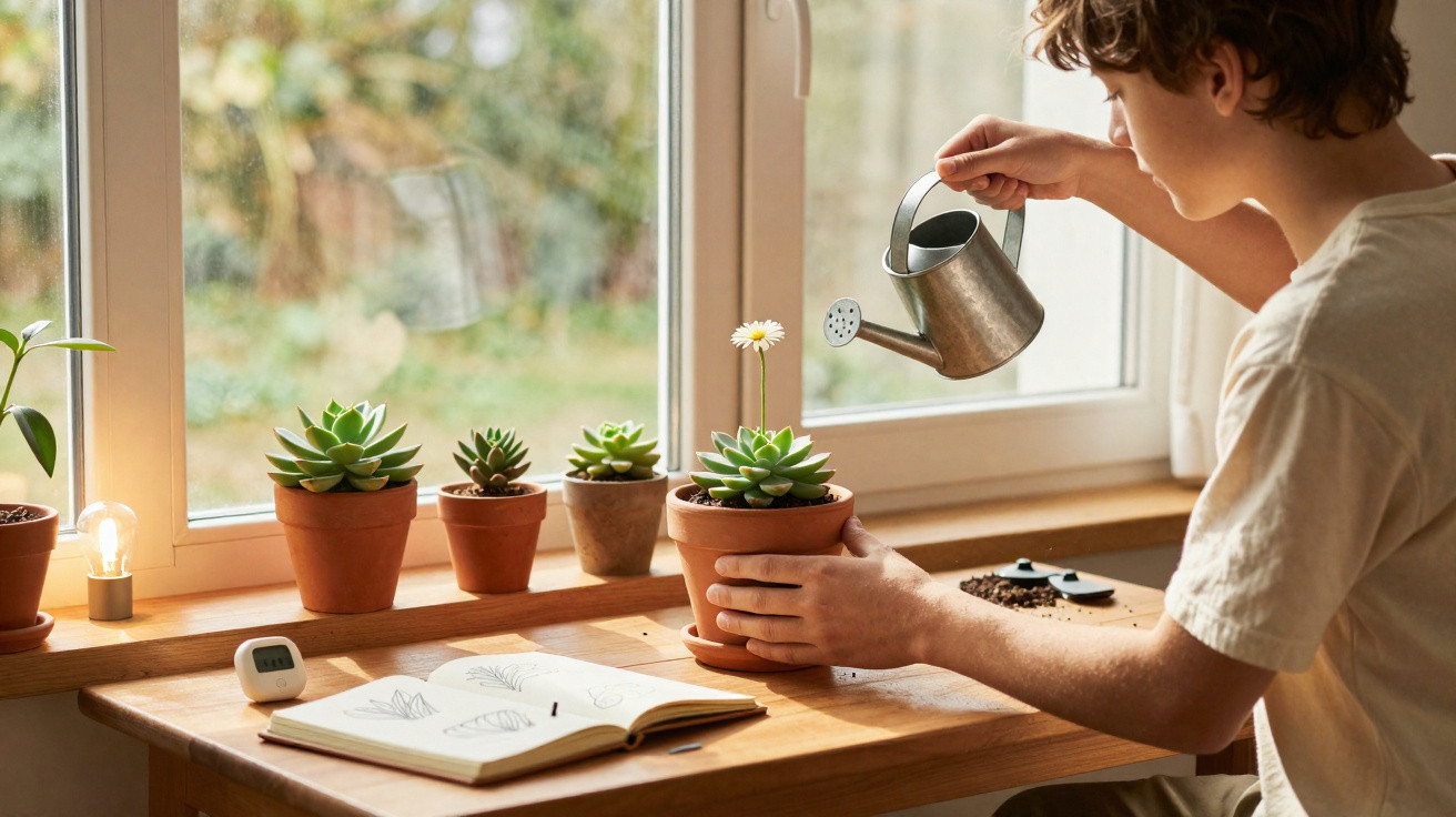 Young person watering a flowering succulent on a wooden table by a sunlit window with potted plants and a notebook.