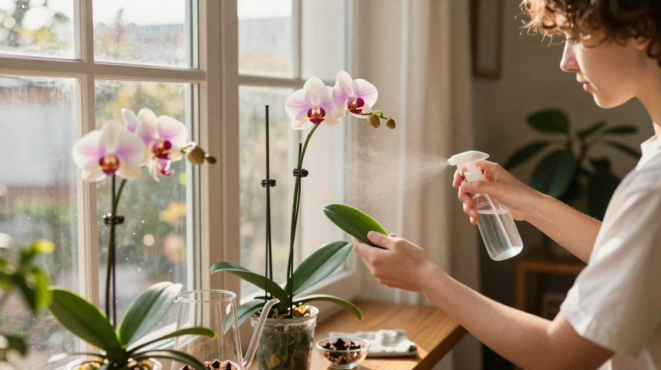 Person spraying water onto orchid leaves on a sunny windowsill with plants and gardening tools nearby