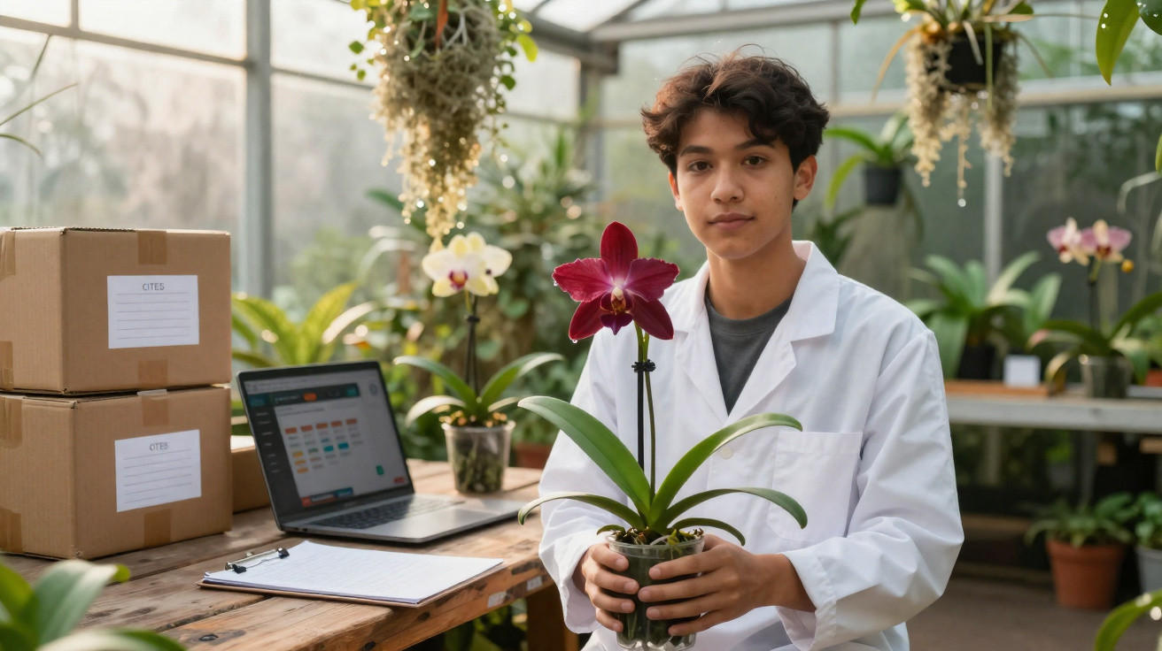 Young scientist in a lab coat holding a red orchid plant inside a greenhouse with a laptop and boxes nearby.