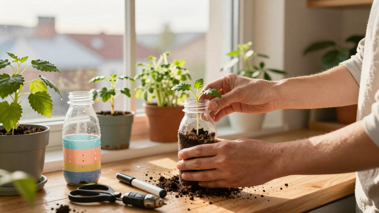 Hands planting a small seedling in a recycled plastic bottle on a wooden table by a sunny window.